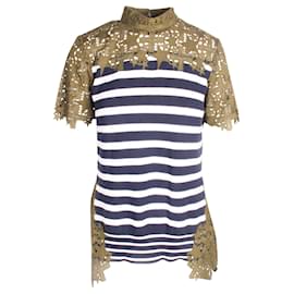Sacai-Blue Stripes and Lace Khaki Top-Blue