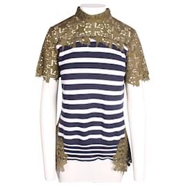Sacai-Blue Stripes and Lace Khaki Top-Blue
