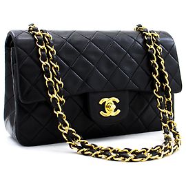 Chanel 2.55 aleta forrada 9"Bolsa de ombro com corrente em pele de cordeiro preta dourada Preto
