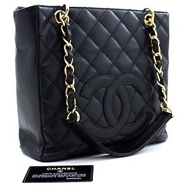CHANEL Caviar PST Chain Shoulder Bag Compras Tote Preto Acolchoado Preto