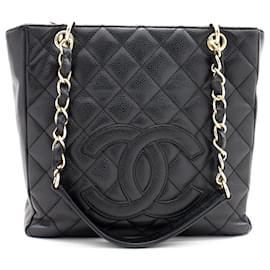 Chanel-CHANEL Caviar PST Chain Shoulder Bag Compras Tote Preto Acolchoado-Preto