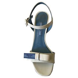 Prada White Patent Leather Sandals with Blue Bow White