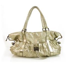 Burberry-Burberry Farrar Metallic Gold Leather Drawstring Satchel Handbag Shoulder Bag-Golden
