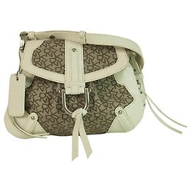 Borsa a tracolla donna Karan DKNY in tela monogramma beige in pelle bianca Beige