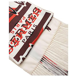 Hermès-Écharpe imprimée à pompons-Blanc