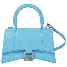 Balenciaga Bolsa Ampulheta com Alça Xs em Couro Azul Brilhante em Relevo Azul