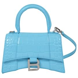 Balenciaga-Hourglass Top Handle Xs Bag in Blue Shiny Embossed Leather-Blue