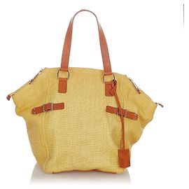 Yves Saint Laurent YSL Yellow Downtown Straw Tote Bag Marrom Amarelo Castanho claro