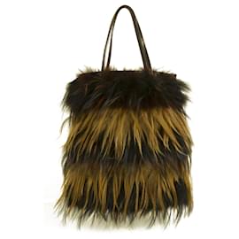 Fendi-Fendi Long Hair Fox Stripped Fur Brown Leather Shoulder Bucket Tote Bag Handbag-Brown