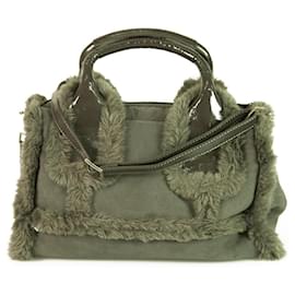 Gianfranco Ferré-Ferre Milano Gray Shearling Fur & Patent Leather Satchel Shoulder Bag Handbag-Grey