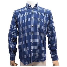 Hermès CAMISETA NEW HERMES M 39 NUEVA CAMISA DE ALGODÓN DE ALGODÓN MARRÓN A CUADROS Azul
