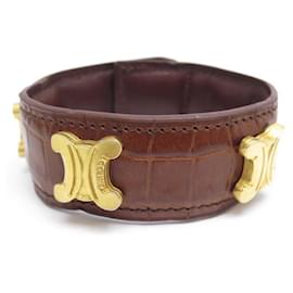 Céline-CELINE TRIOMPHE LOGO BRACELET 17 CM IN BROWN CROCODILE LEATHER-Brown