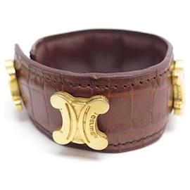Céline-CELINE TRIOMPHE LOGO BRACELET 17 CM IN BROWN CROCODILE LEATHER-Brown
