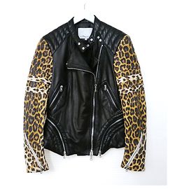 3.1 Phillip LIm Leopard Sleeve Leather Biker Jacket Black