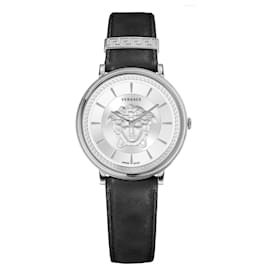 Versace-V-Circle Leather Quartz Watch-Silvery,Metallic