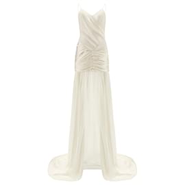 Balmain-Metallic Draped Gown-White
