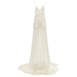 Balmain-Metallic Draped Gown-White