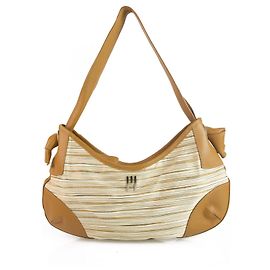 Missoni Striped Pattern Canvas Beige Leather Trim Hobo Shoulder Bag Handbag Beige