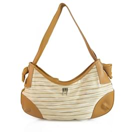 Missoni-Missoni Striped Pattern Canvas Beige Leather Trim Hobo Shoulder Bag Handbag-Beige
