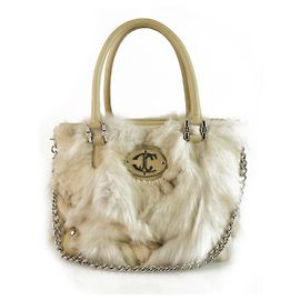 Just Cavalli Beige Genuine Fur & Leather Grab Bag Handbag Chain Shoulder Strap Beige