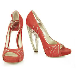 Christian Dior-Christian Dior Red Suede Leather Peep Toe Pumps Zapatos de tacón de diamantes de imitación sz 37.5-Roja