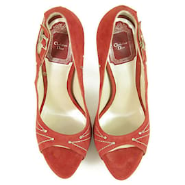 Christian Dior-Christian Dior Red Suede Leather Peep Toe Pumps Rhinestone Heel Shoes sz 37.5-Red