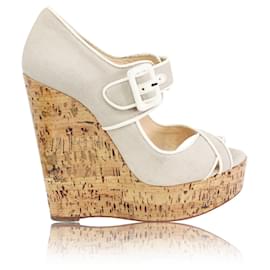 Christian Louboutin-Beige Strappy Cork Wedges-Flesh