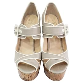 Christian Louboutin-Beige Strappy Cork Wedges-Flesh