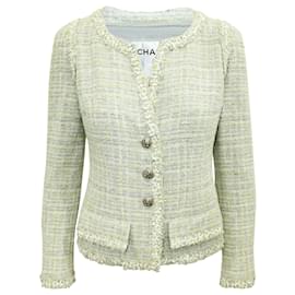 Chanel-Iconic Tweed Jacket with Embossed Silver Buttons-White,Cream