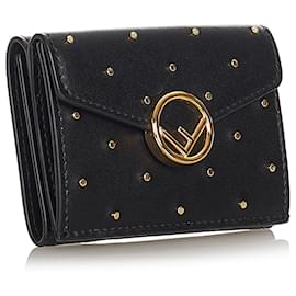 Fendi-Fendi Black F is Fendi Leather Wallet-Black,Golden