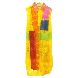 Christopher Kane SS16 Vestido camisa neon de renda e PVC Multicor