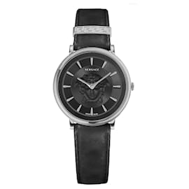 Versace-Versace V-Circle Medusa Leather Watch-Silvery,Metallic