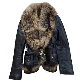 Roberto Cavalli Leather jacket with fox fur collar Black