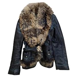 Roberto Cavalli-Leather jacket with fox fur collar-Black