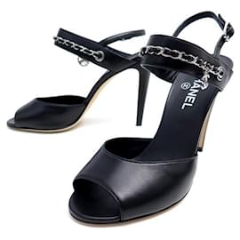 Chanel-NEW CHANEL SANDALS G33718 CC TREFLE CHARMS 40 BLACK LEATHER SHOES-Black