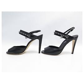 Chanel-NEW CHANEL SANDALS G33718 CC TREFLE CHARMS 40 BLACK LEATHER SHOES-Black