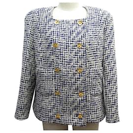 Chanel-NEU CHANEL L JACKE 42 IN TWEED BICOLOR WEISS MARINEBLAU WOLLJACKE-Andere