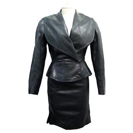 Alaïa SIZE ALAIA JACKET + JUME M 38 BLACK LEATHER JACKET SKIRT SUIT Black