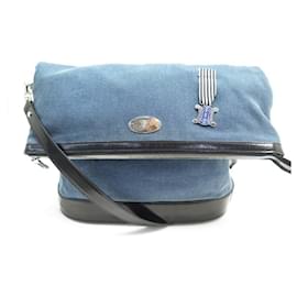 Céline-BORSA A MANO CELINE BORSA A MANO IN TELA DI DENIM BLU E VERNICE NERA BORSA A MANO A TRACOLLA-Blu