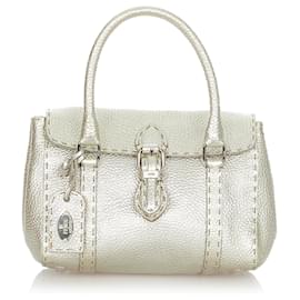 Fendi-Sac à main en cuir Fendi Silver Mini Selleria Linda-Argenté