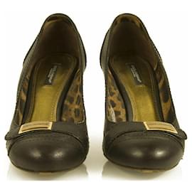 Dolce & Gabbana-Dolce & Gabbana Zapatos de tacón de cuero marrón oscuro con punta redonda y tacón de madera sz 37,5 Zapatos-Castaño