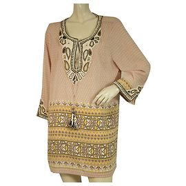 Calypso St Barth Calypso St-Barth Abito copricostume caftano tunica di seta floreale rosa marrone con perline L Multicolore