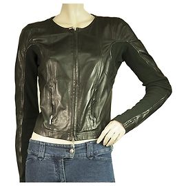 Plein Sud Biker Style Black Lamb Leather Collarless Crop Short Jacket size 40 Black