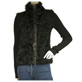Twin Set Simona Barbieri Black Mutton Fur Front Wool Knit Cardigan Jacket Sz 42 Black