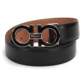 Salvatore Ferragamo-Ferragamo Gancini Leather Belt  in black calf leather leather-Black