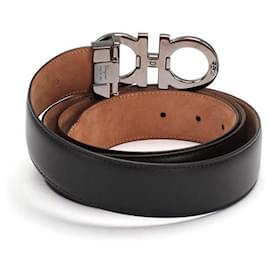Salvatore Ferragamo-Ferragamo Gancini Leather Belt  in black calf leather leather-Black
