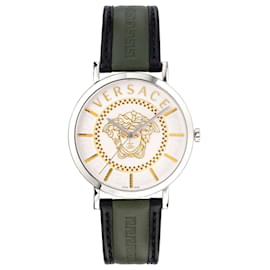 Versace-V-Essential Leather Watch-Silvery,Metallic