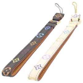 Louis Vuitton-LOUIS VUITTON Monogram Multicolor Mobile Phone Strap 2Set Black White Auth 24417-Brown