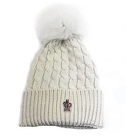 Moncler Berretto White Virgin Wool Cable Knit Pom Pom Warm Beanie Hat One Size White