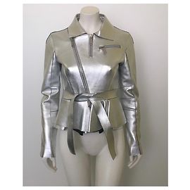 Dsquared2 Godet Hem Belted Leather Biker Jacket Silver Metallic Metallic